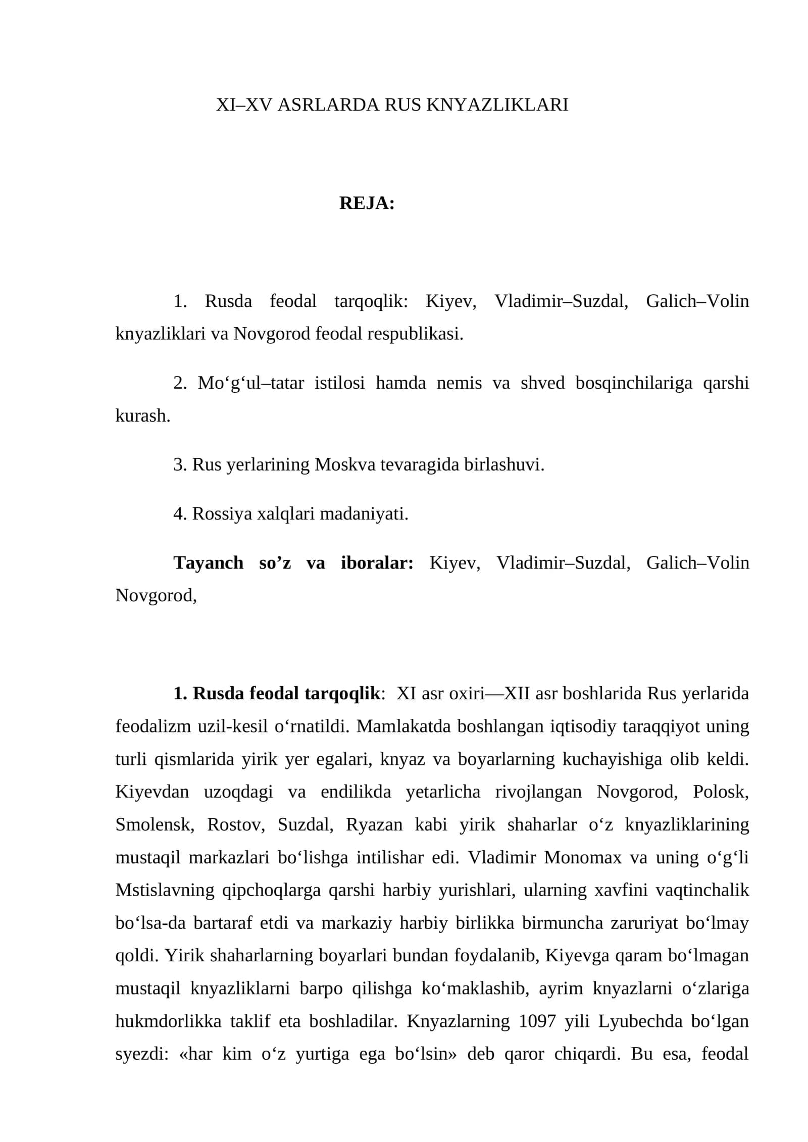 XI–XV ASRLARDA RUS KNYAZLIKLARI
