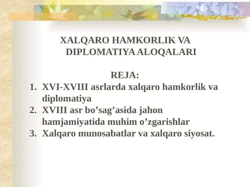XALQARO HAMKORLIK VA DIPLOMATIYA ALOQALARI
