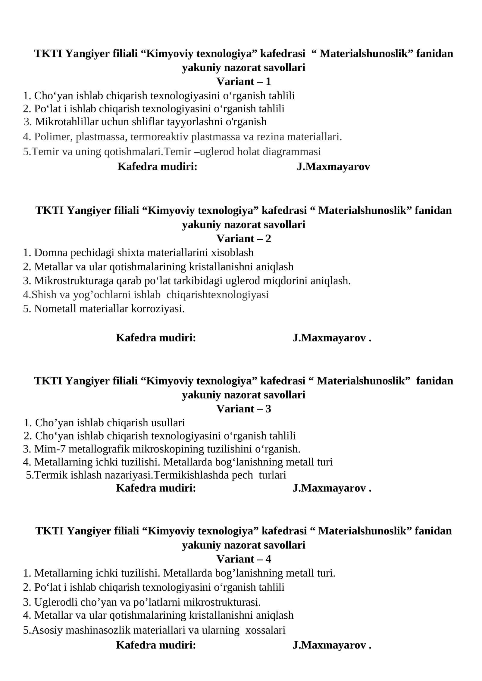 Materialshunoslik yakuniy nazorat savollari (Variant 1)