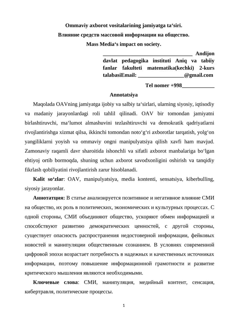 Ommaviy axborot vositalarining jamiyatga ta‘siri