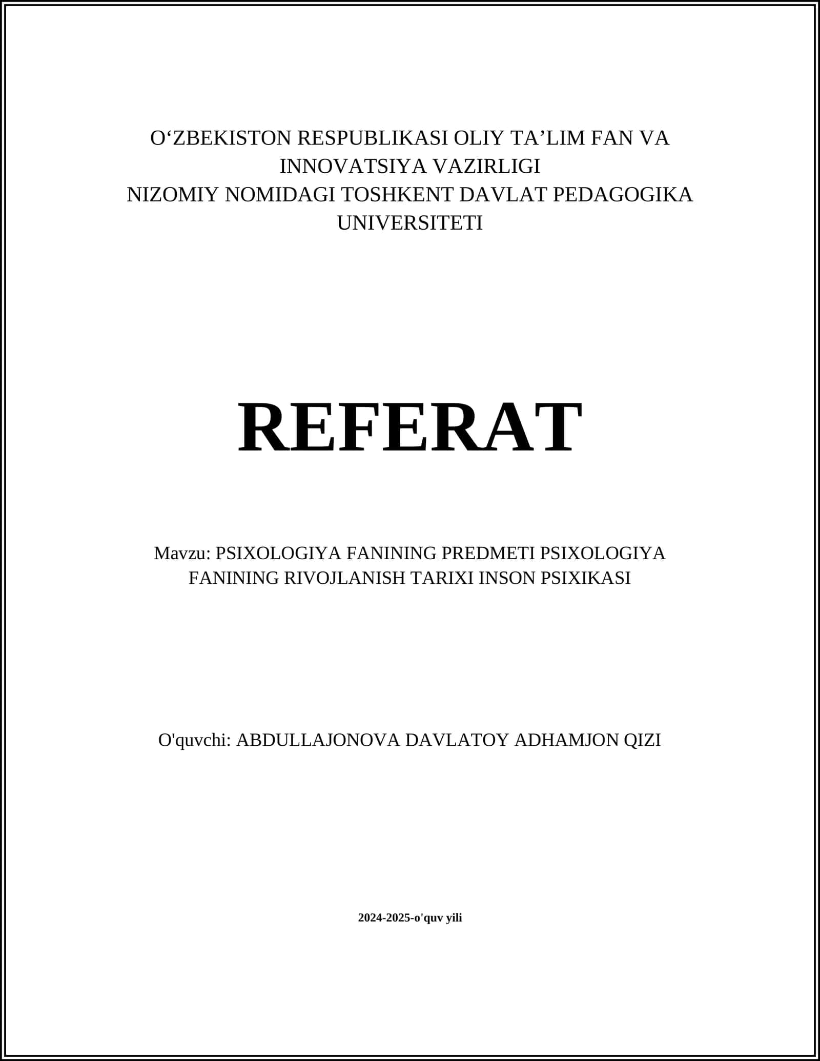 Psixologiya Fanining Predmeti