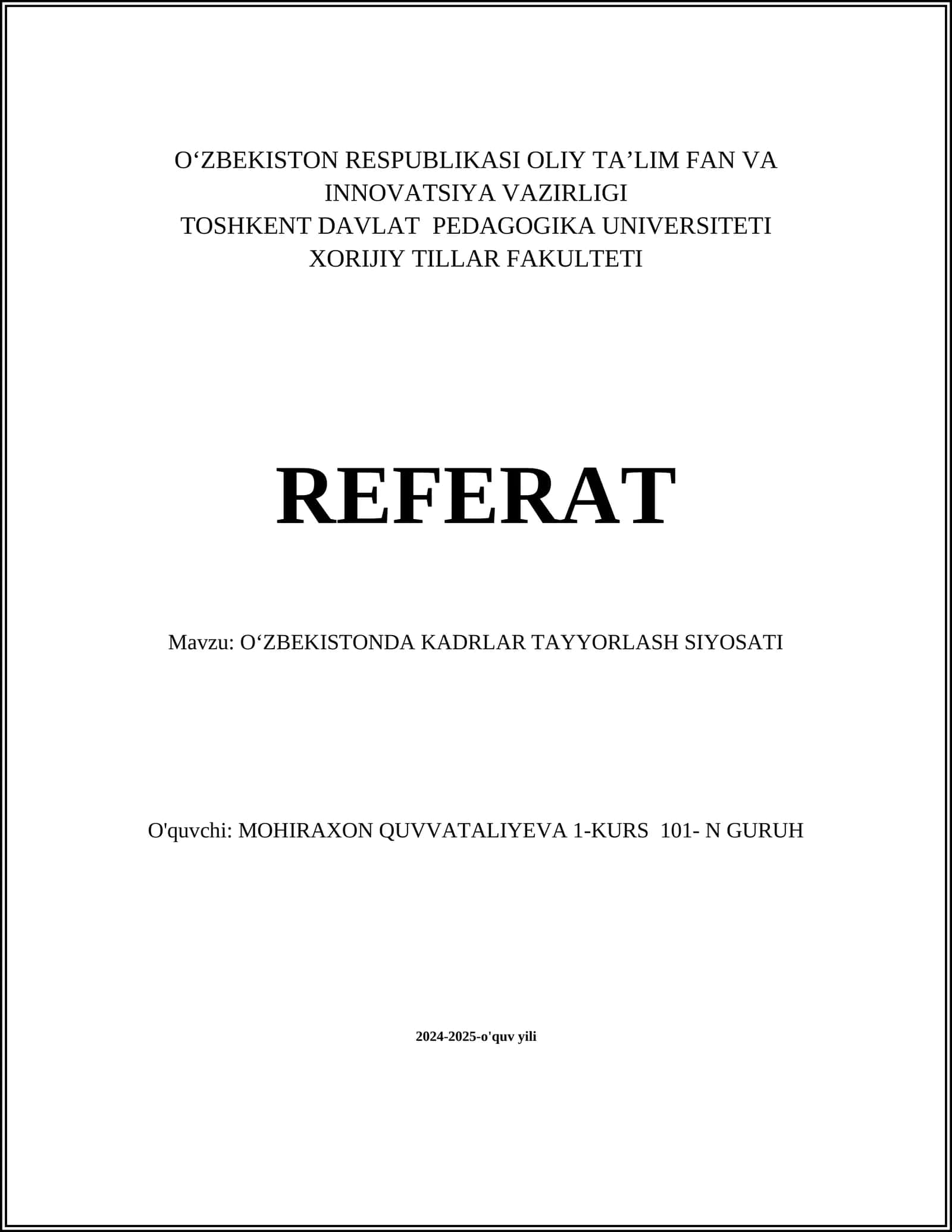 OʻZBEKISTONDA KADRLAR TAYYORLASH SIYOSATI