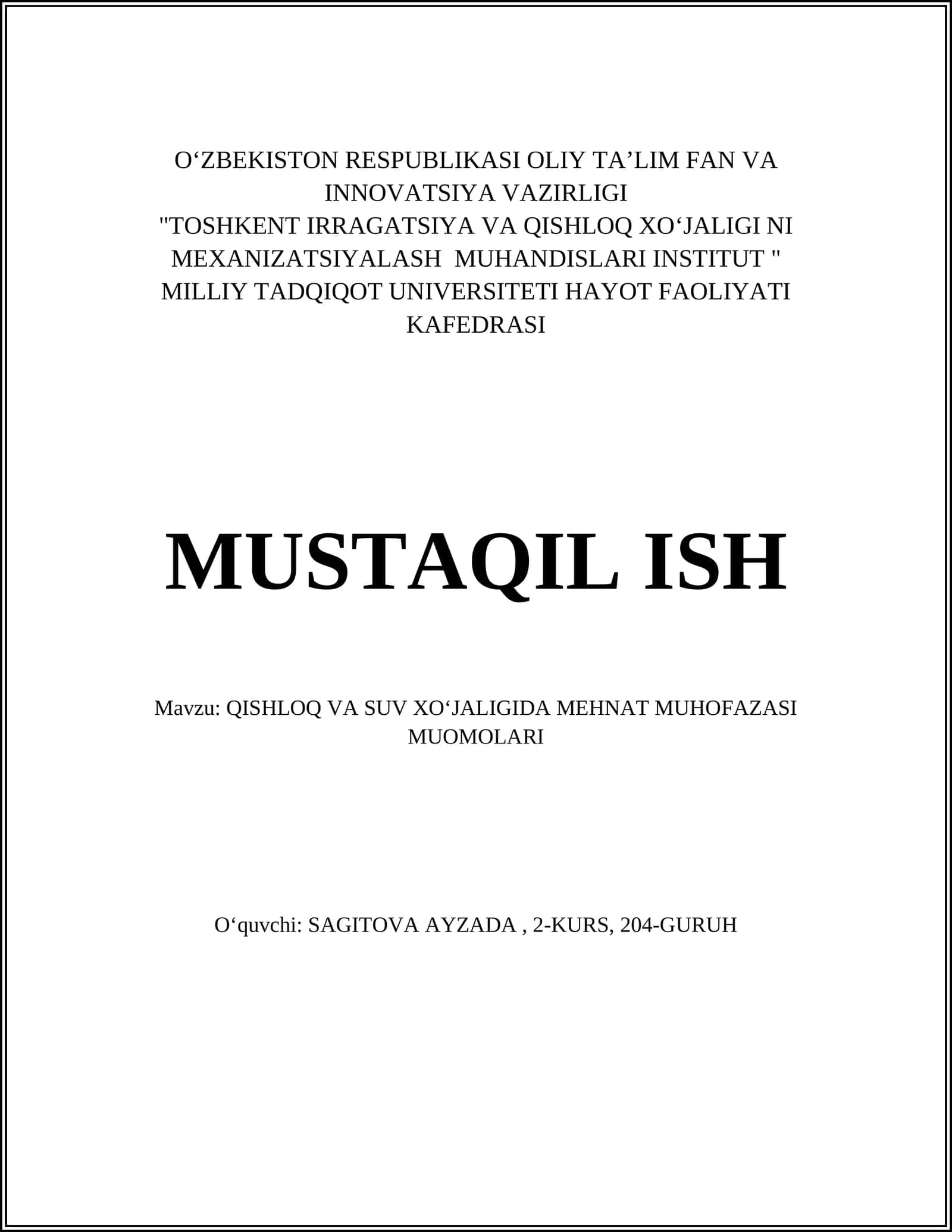 QISHLOQ VA SUV XO‘JALIGIDA MEHNAT MUHOFAZASI MUOMOLARI