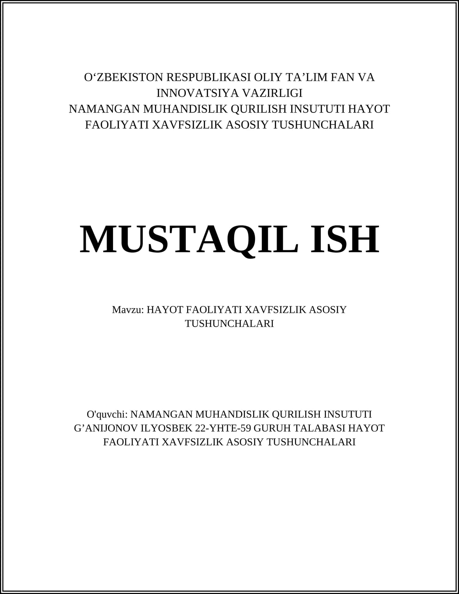 HAYOT FAOLIYATI XAVFSIZLIK ASOSIY TUSHUNCHALARI