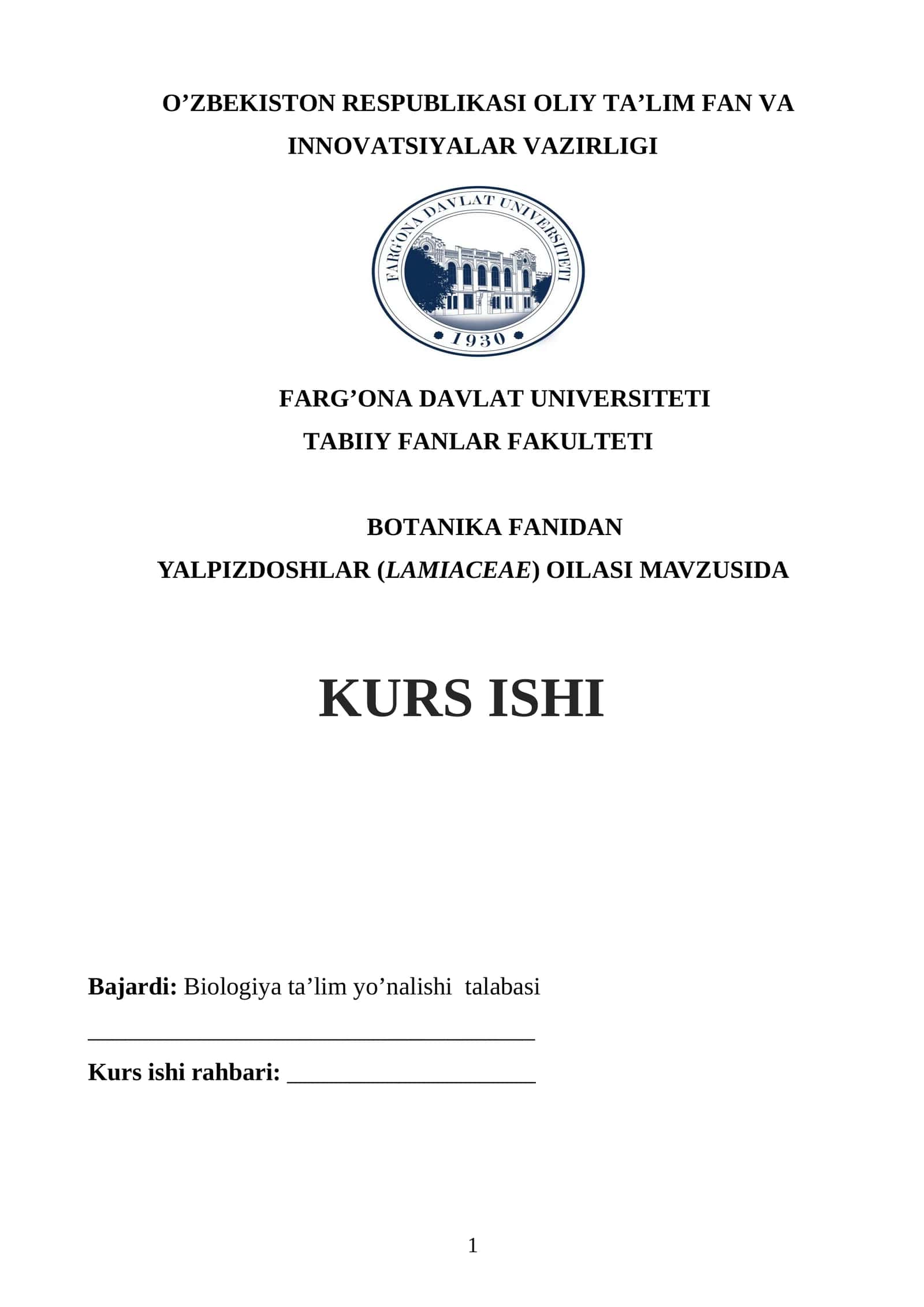 Yalpizdoshlar (Lamiaceae) oilasi mavzusida kurs ishi