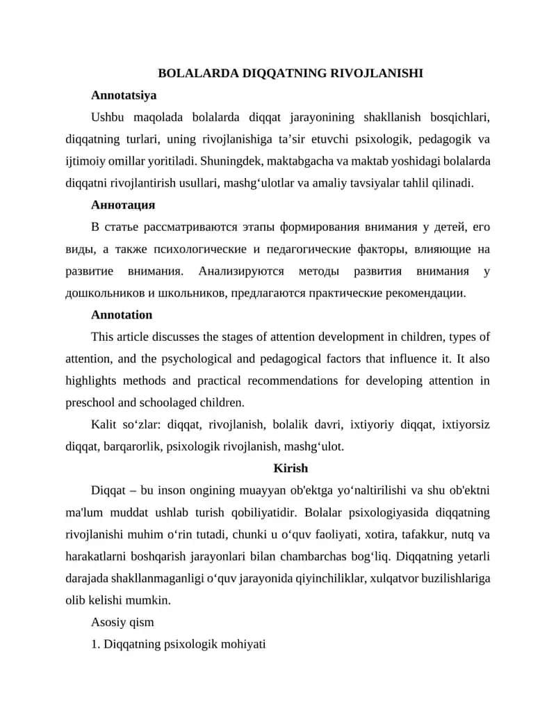 Bolalarda diqqatning rivojlanishi