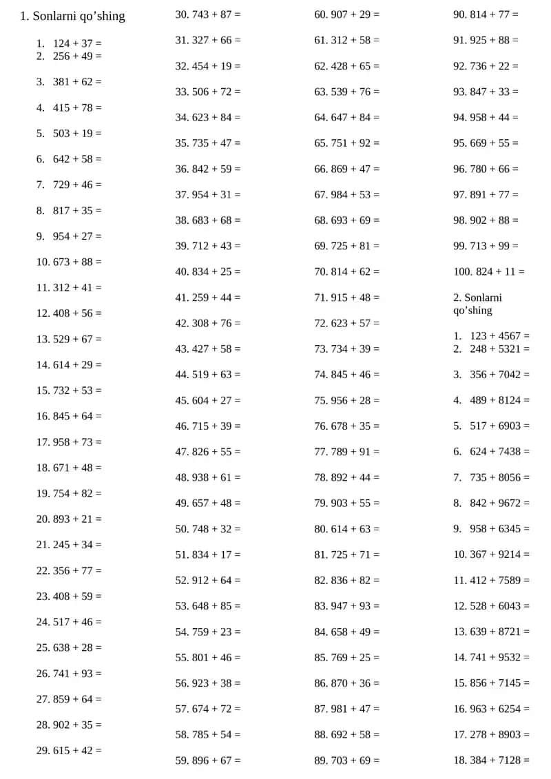 2-4-sinf uchun matematikadan 1200 ta misol
