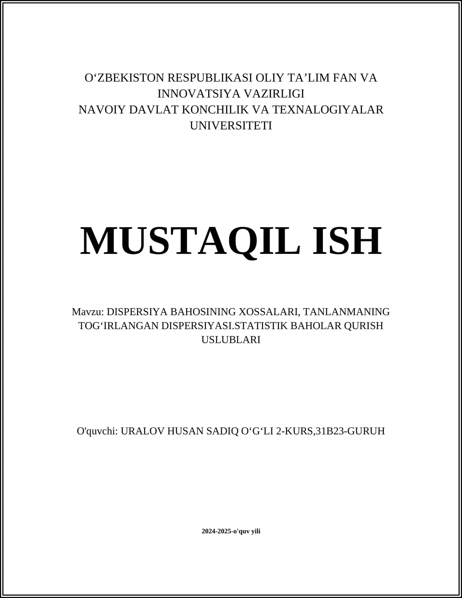 DISPERSIYA BAHOSINING XOSSALARI
