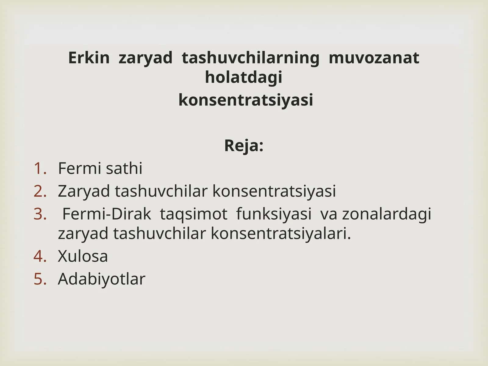 Erkin zaryad tashuvchilarning muvozanat holatdagi konsentratsiyasi