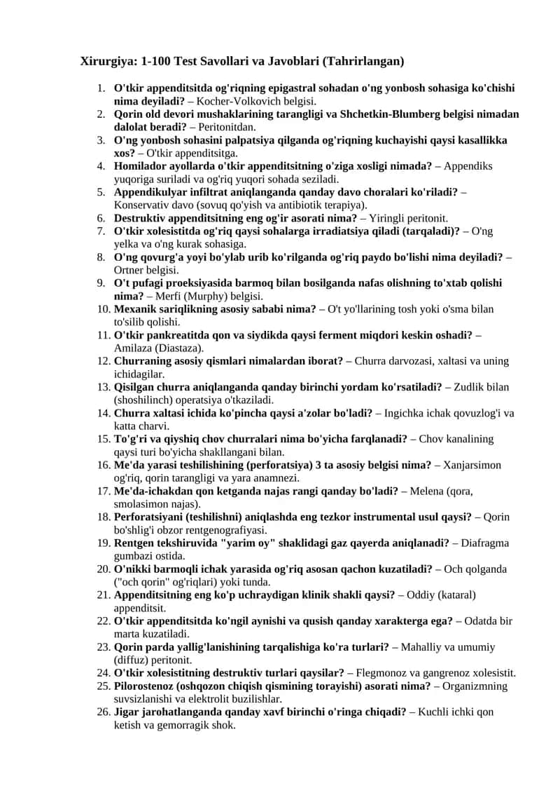 Xirurgiya: 1-100 Test Savollari va Javoblari (Tahrirlangan)