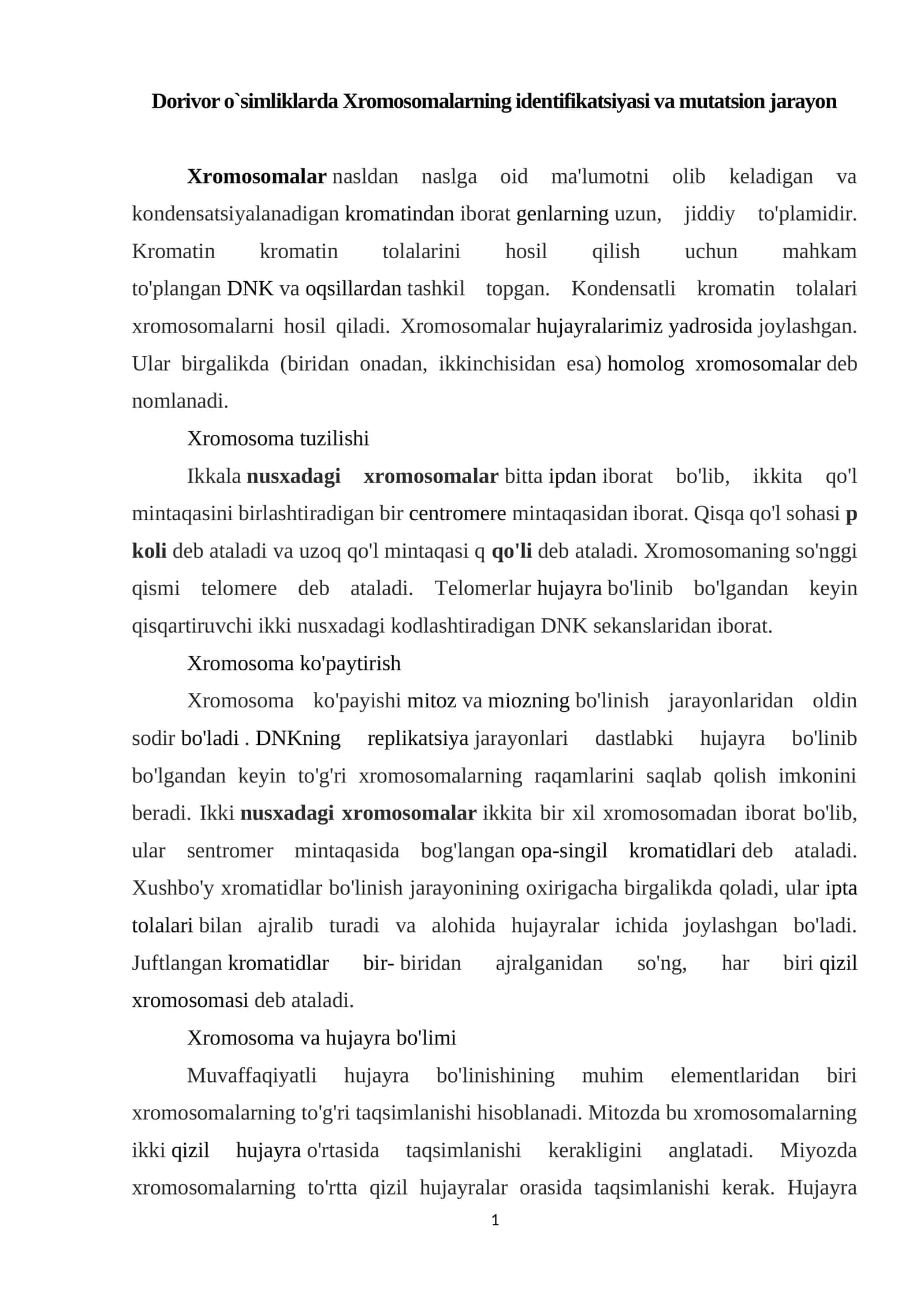 Xromosomalarning identifikatsiyasi va mutatsion jarayon
