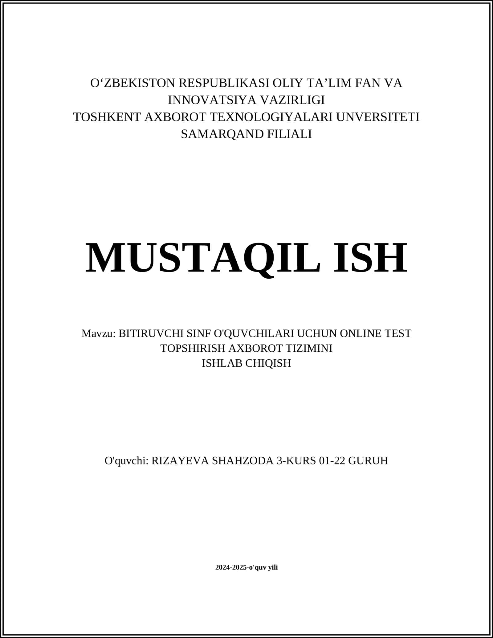 BITIRUVCHI SINF O'QUVCHILARI UCHUN ONLINE TEST TOPSHIRISH AXBOROT TIZIMINI ISHLAB CHIQISH