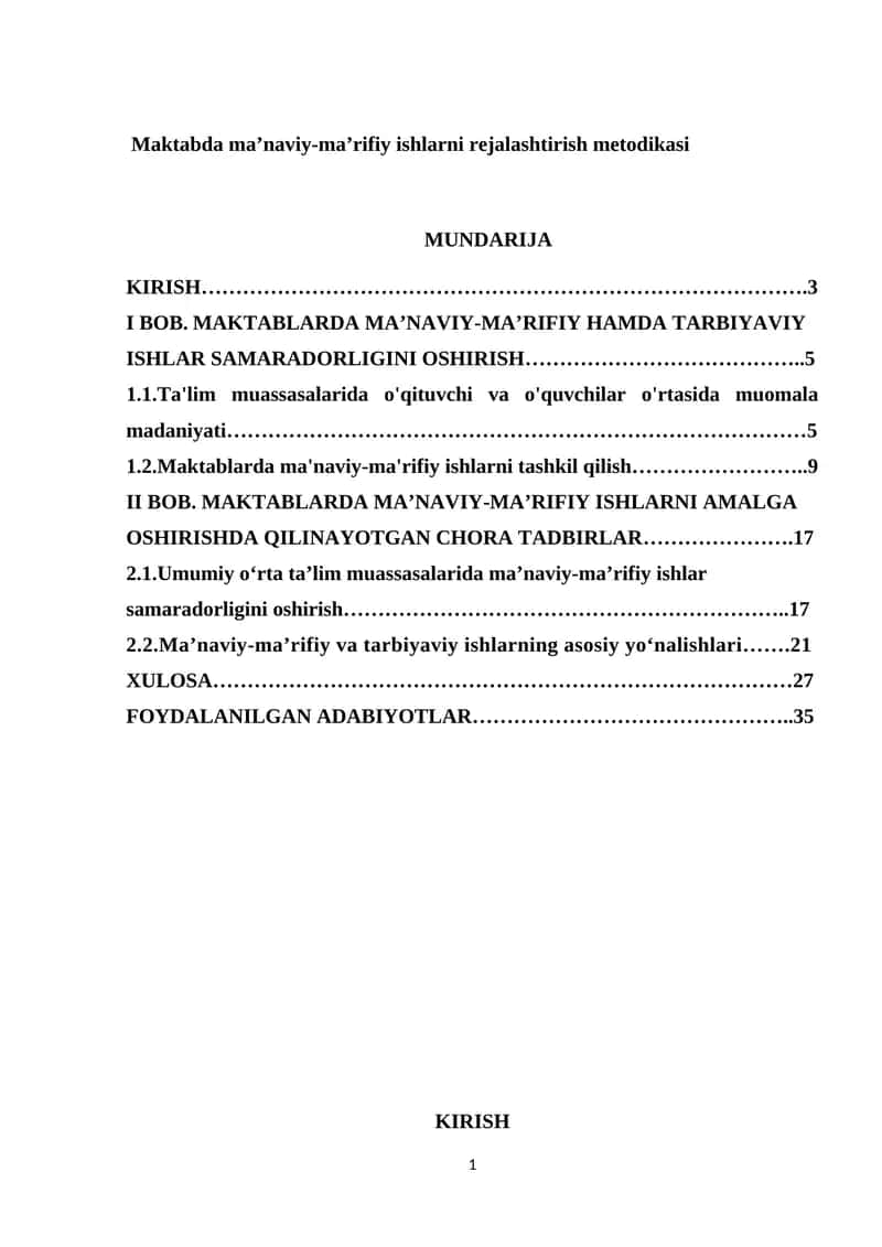 Maktabda maʼnaviy-maʼrifiy ishlarni rejalashtirish metodikasi