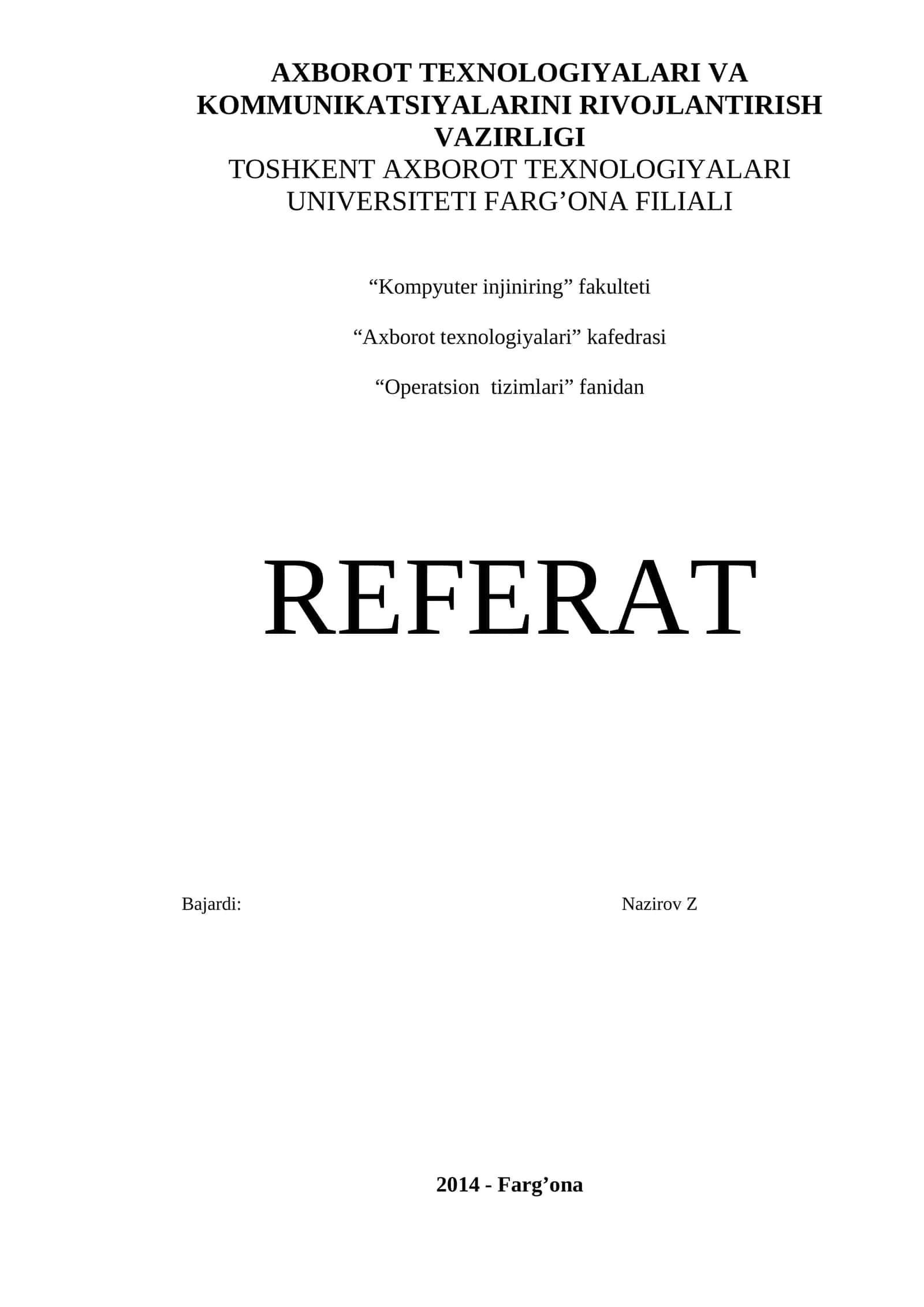 Kompyuter injiniring operatsion tizimlari REFERAT