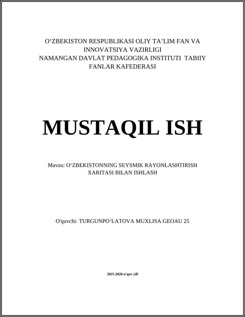 OʻZBEKISTONNING SEYSMIK RAYONLASHTIRISH XARITASI BILAN ISHLASH