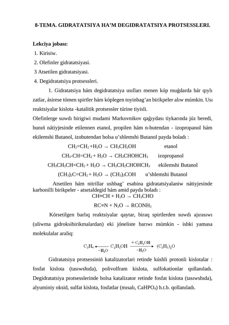 GIDRATATSIYA HA’M DEGIDRATATSIYA PROTSESSLERI