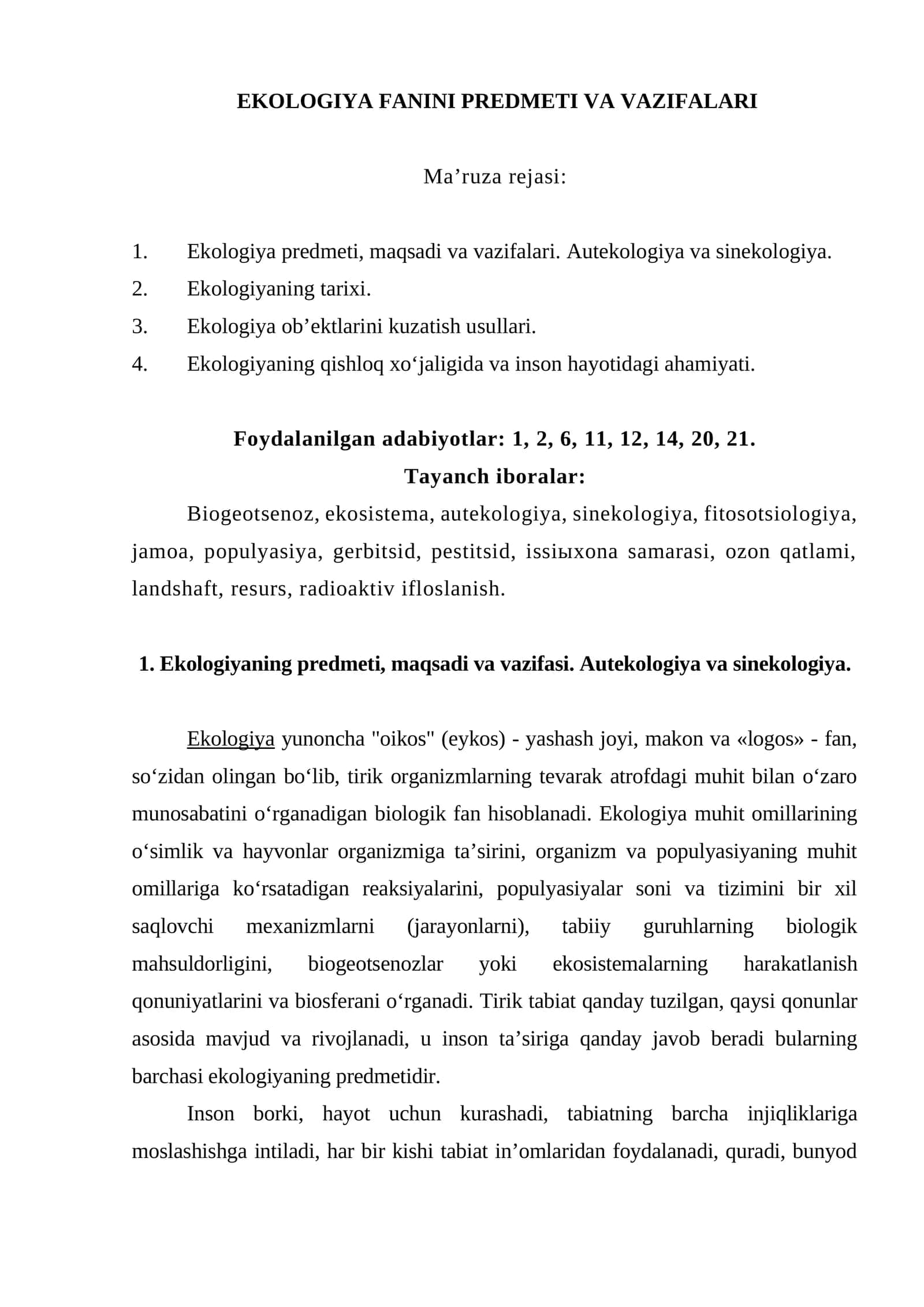 EKOLOGIYA FANINI PREDMETI VA VAZIFALARI