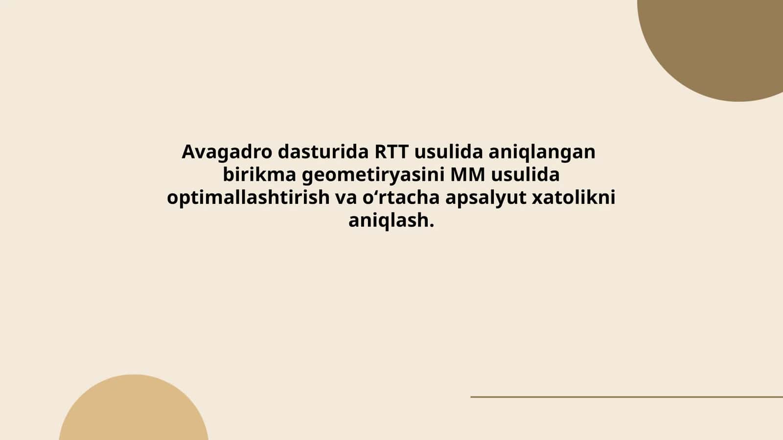 Avagadro dasturida RTT usulida aniqlangan birikma geometiryasini MM usulida optimallashtirish va oʻrtacha apsalyut xatolikni aniqlash