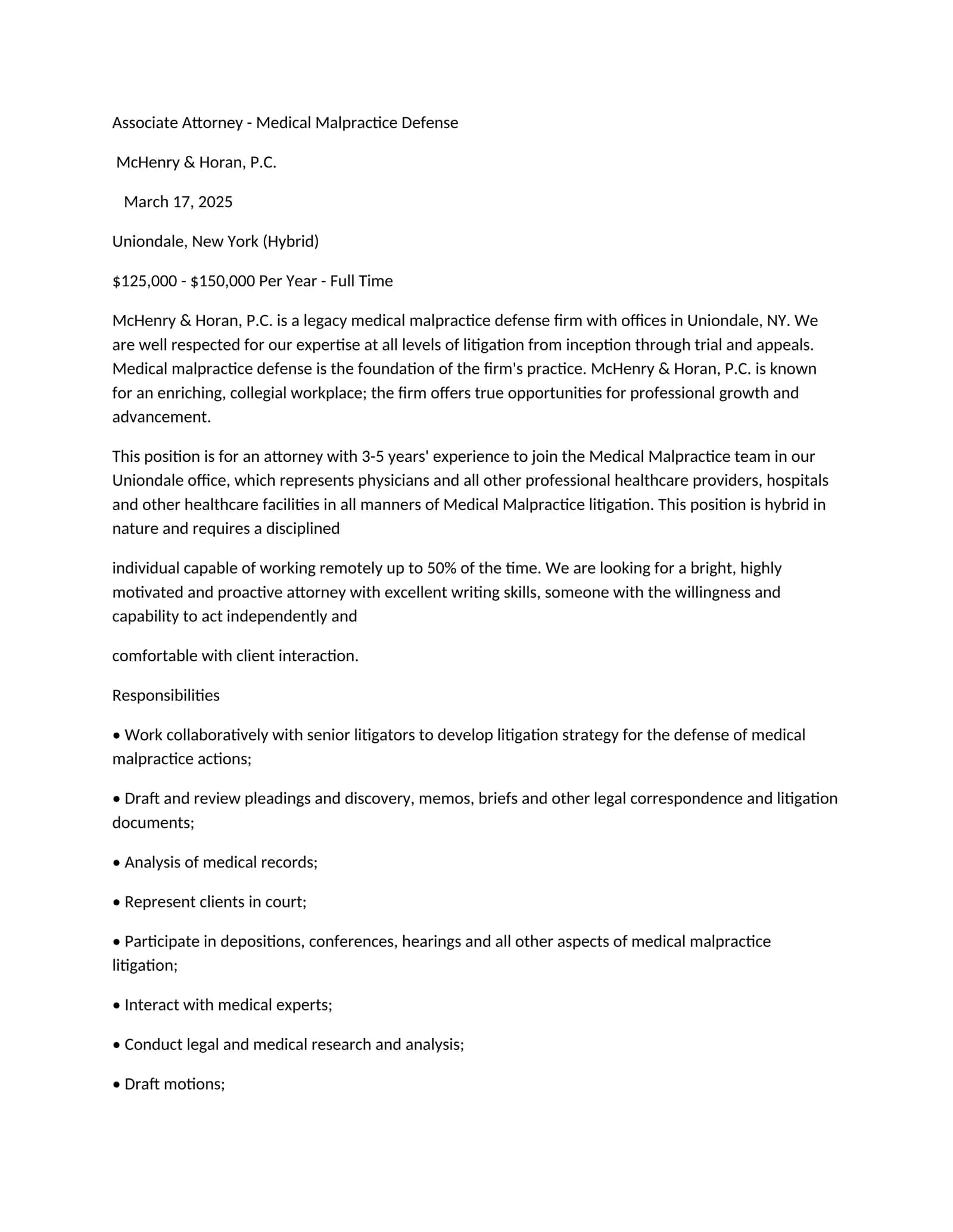 Associate Attorney - Medical Malpractice Defense