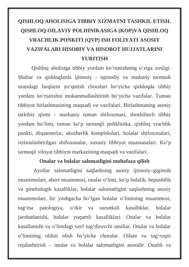 Qishloq aholisiga tibbiy xizmatni tashkil etish
