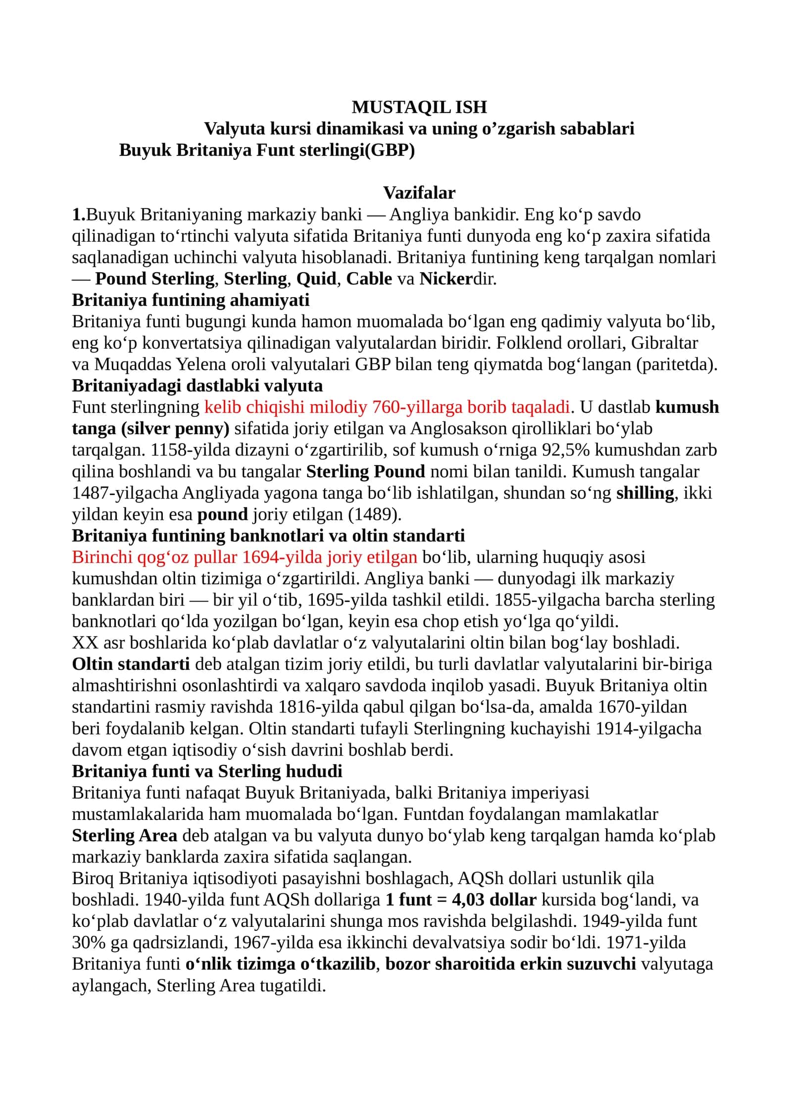 Valyuta kursi dinamikasi va uning o’zgarish sabablari Buyuk Britaniya Funt sterlingi(GBP)