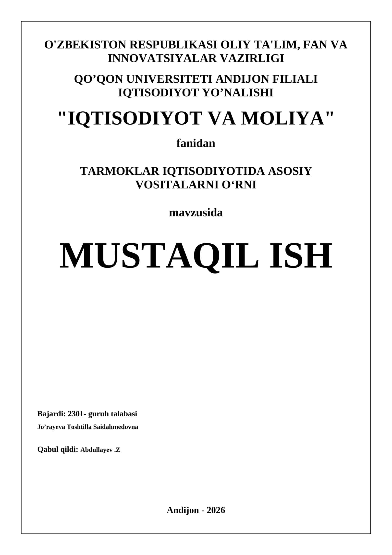 TARMOKLAR IQTISODIYOTIDA ASOSIY VOSITALARNI OʻRNI