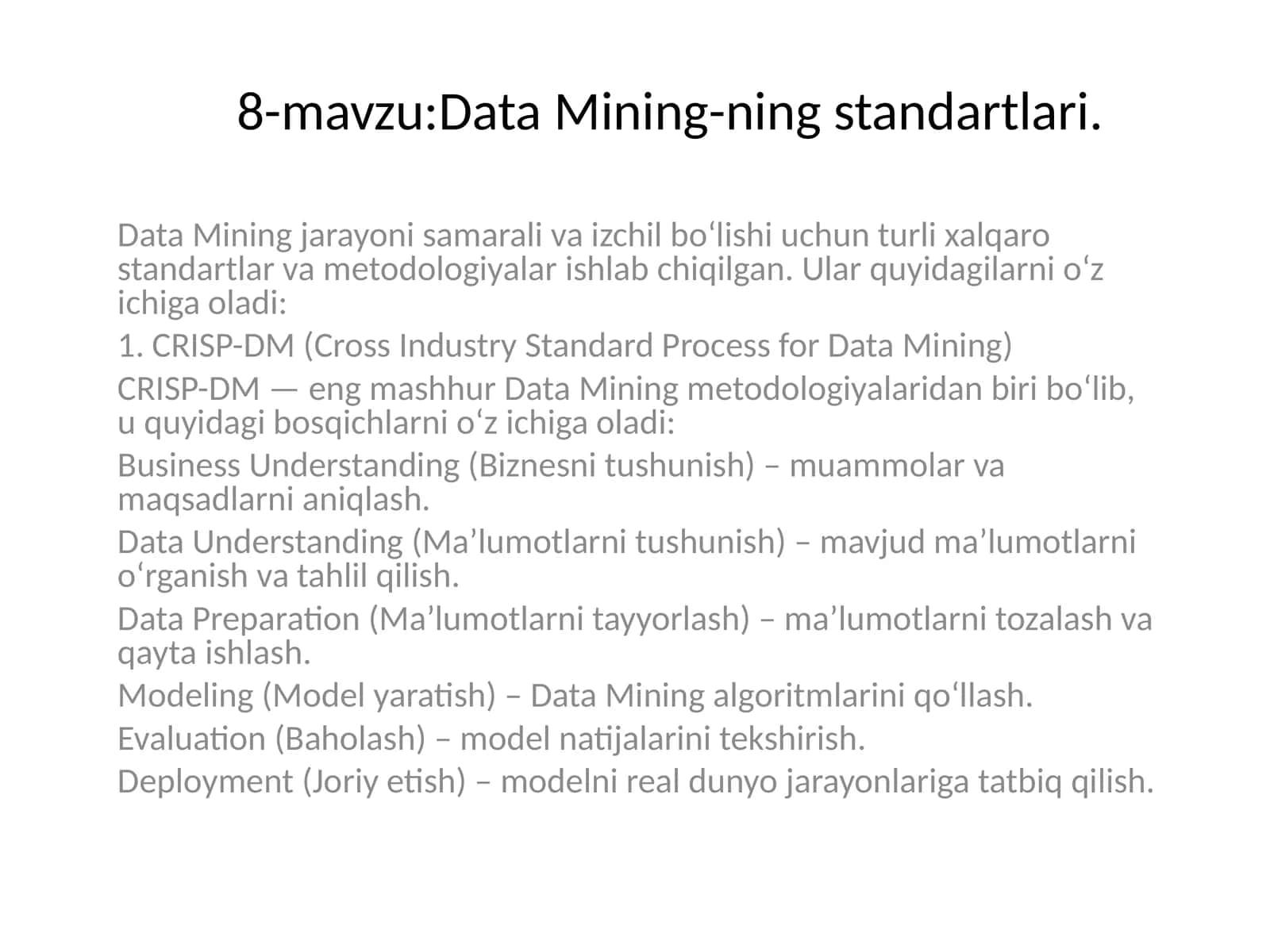 Data Mining-ning standartlari