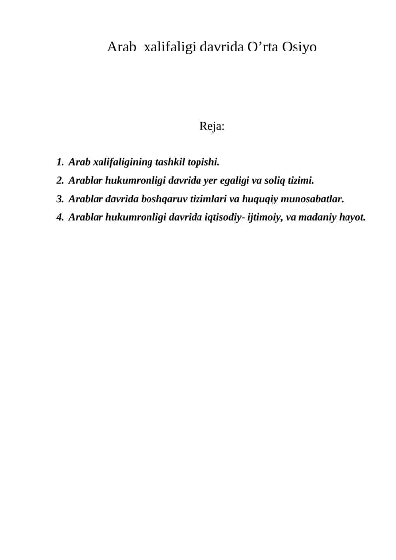 Arab xalifaligi davrida O’rta Osiyo