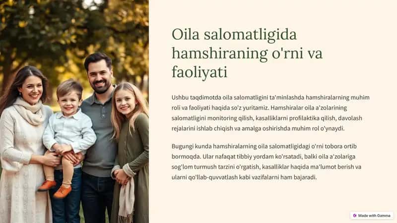 Oila salomatligida hamshiraning o'rni va faoliyati