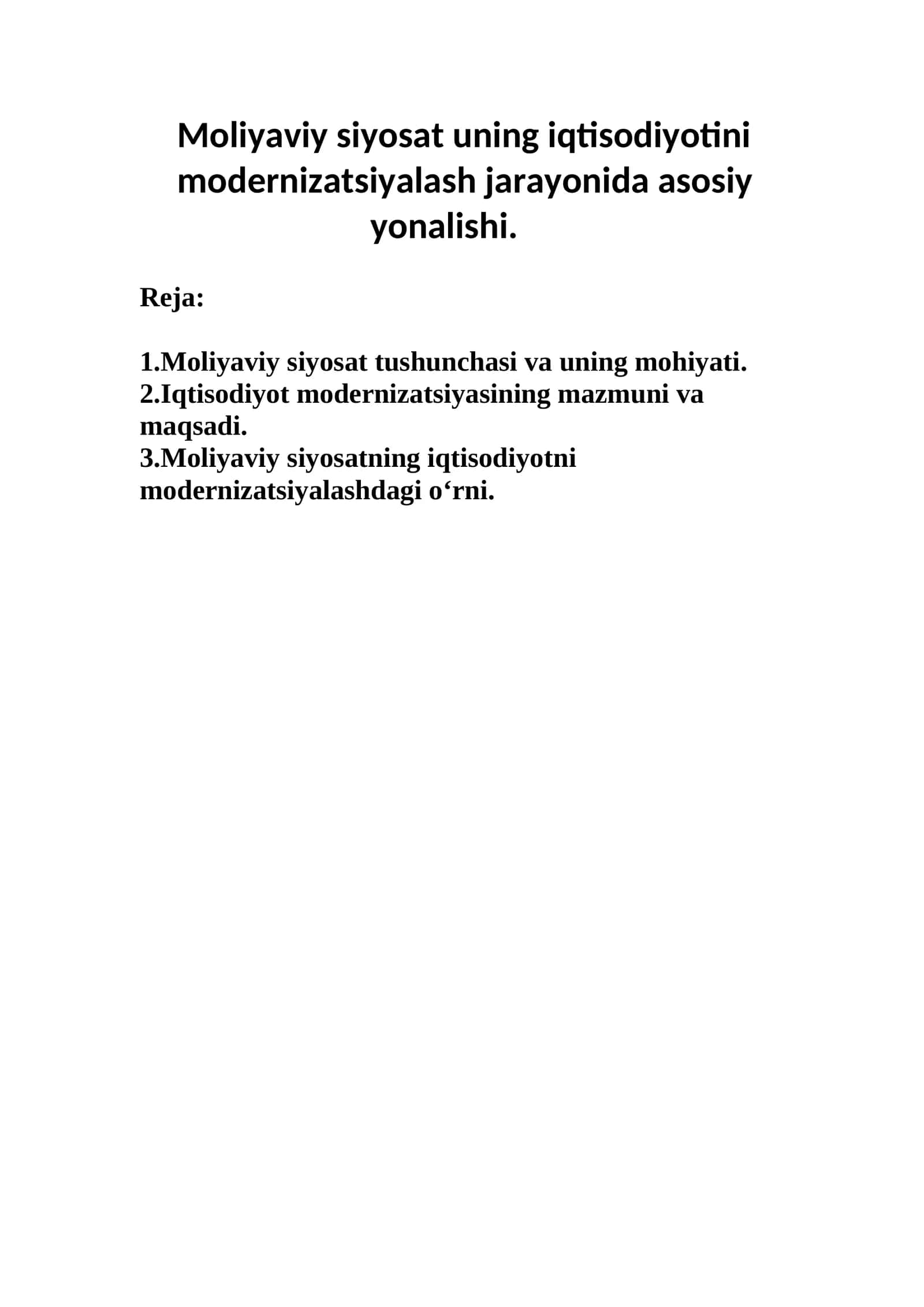 Moliyaviy Siyosatning Iqtisodiyotini Modernizatsiyalash