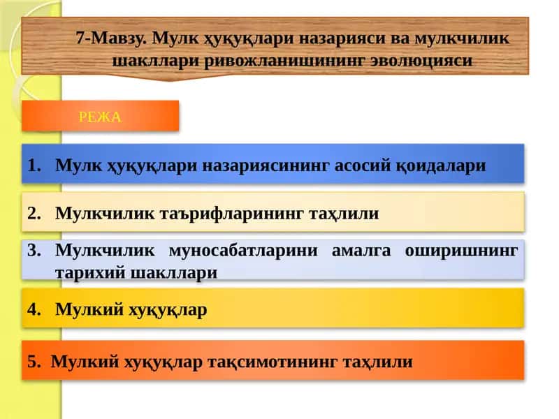 Мулк ҳуқуқлари назарияси ва мулкчилик шакллари ривожланишининг эволюцияси