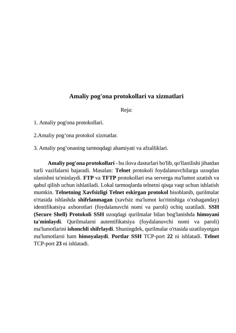 Amaliy pog'ona protokollari va xizmatlari