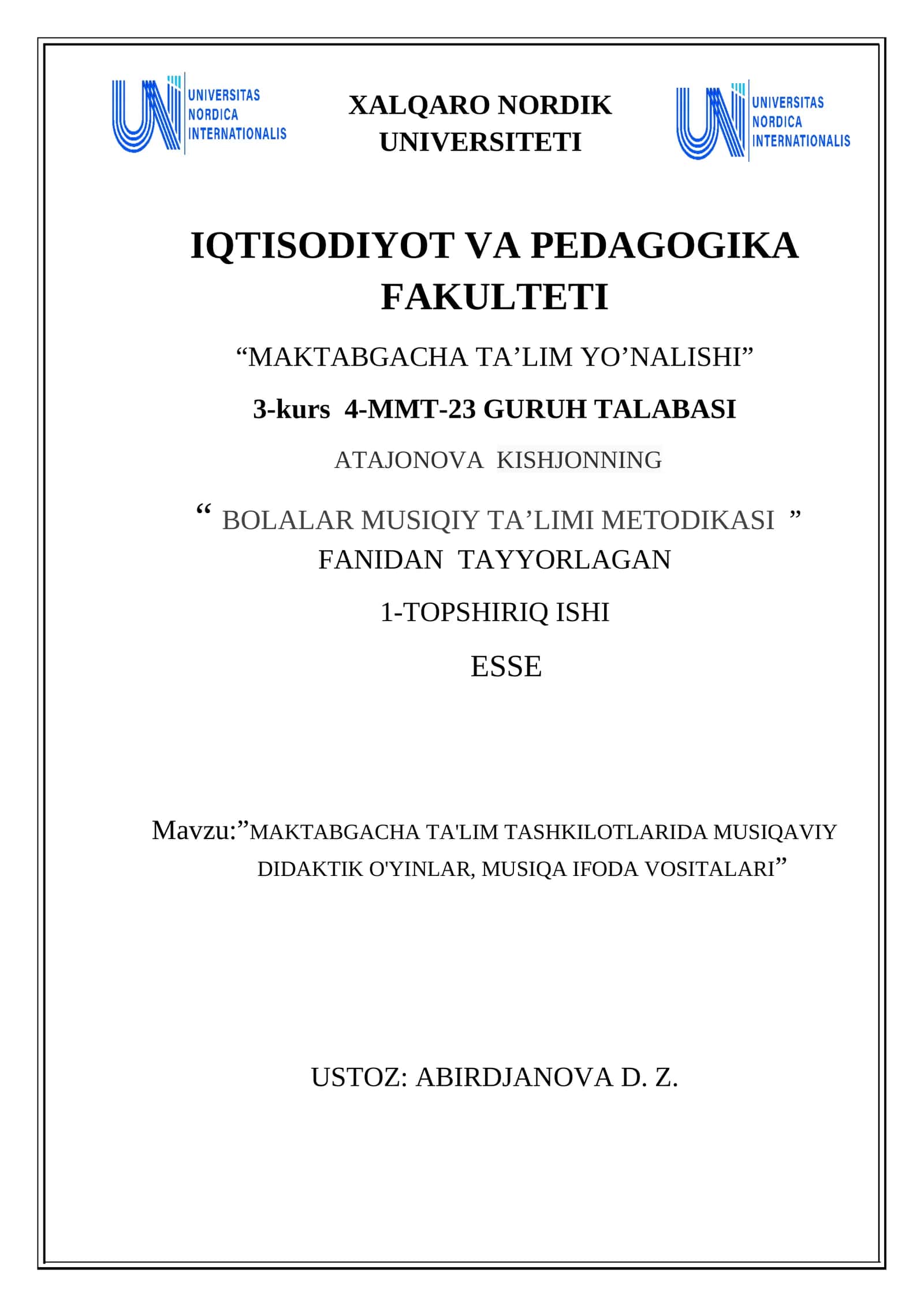 MAKTABGACHA TA’LIM YO’NALISHI