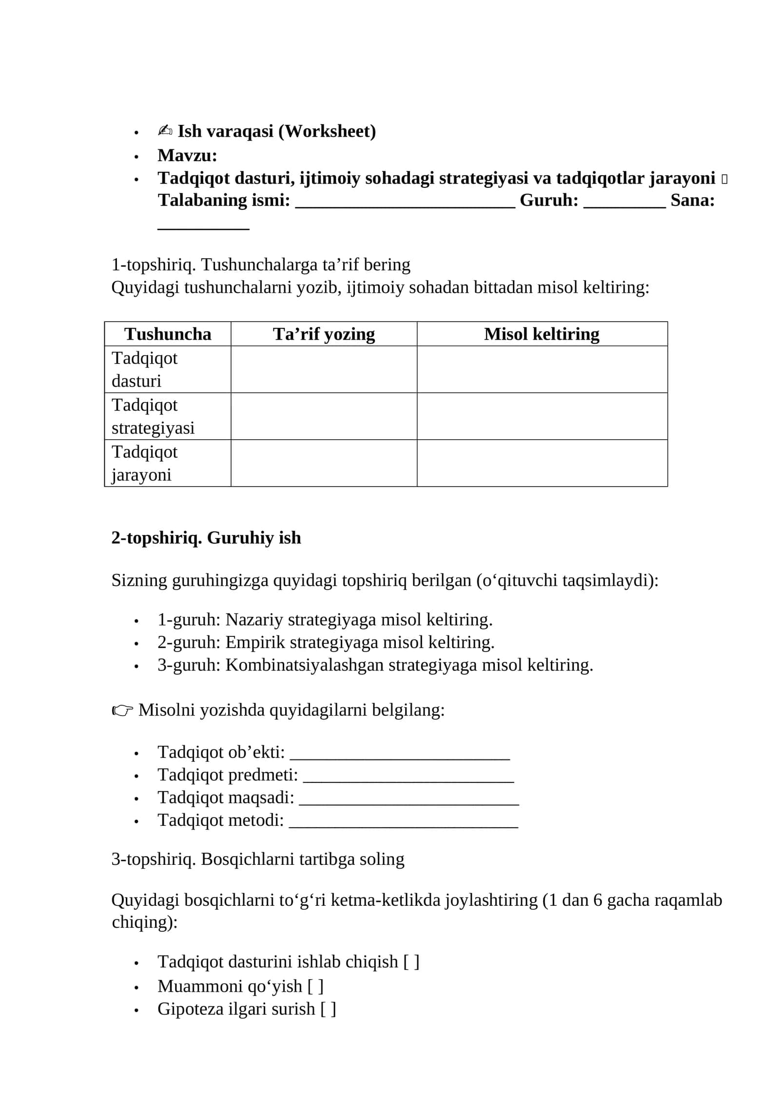 Ish varaqasi (Worksheet)