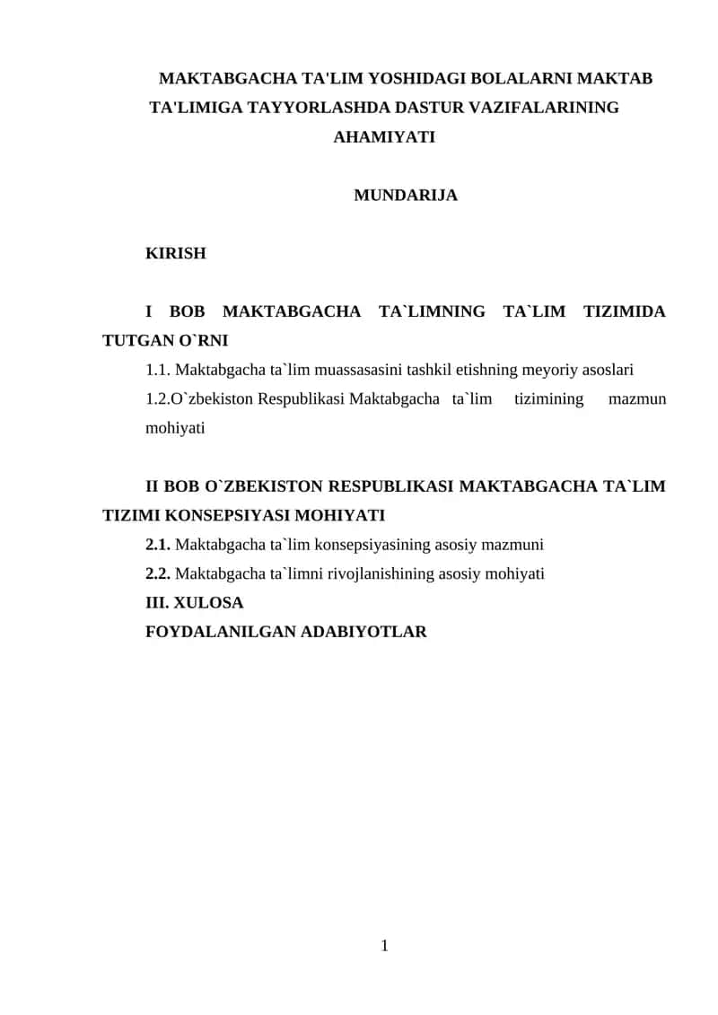 Maktabgacha Ta'lim Yoshidagi Bolalarni Maktab Ta'limiga Tayyorlashda Dastur Vazifalarining Ahamiyati