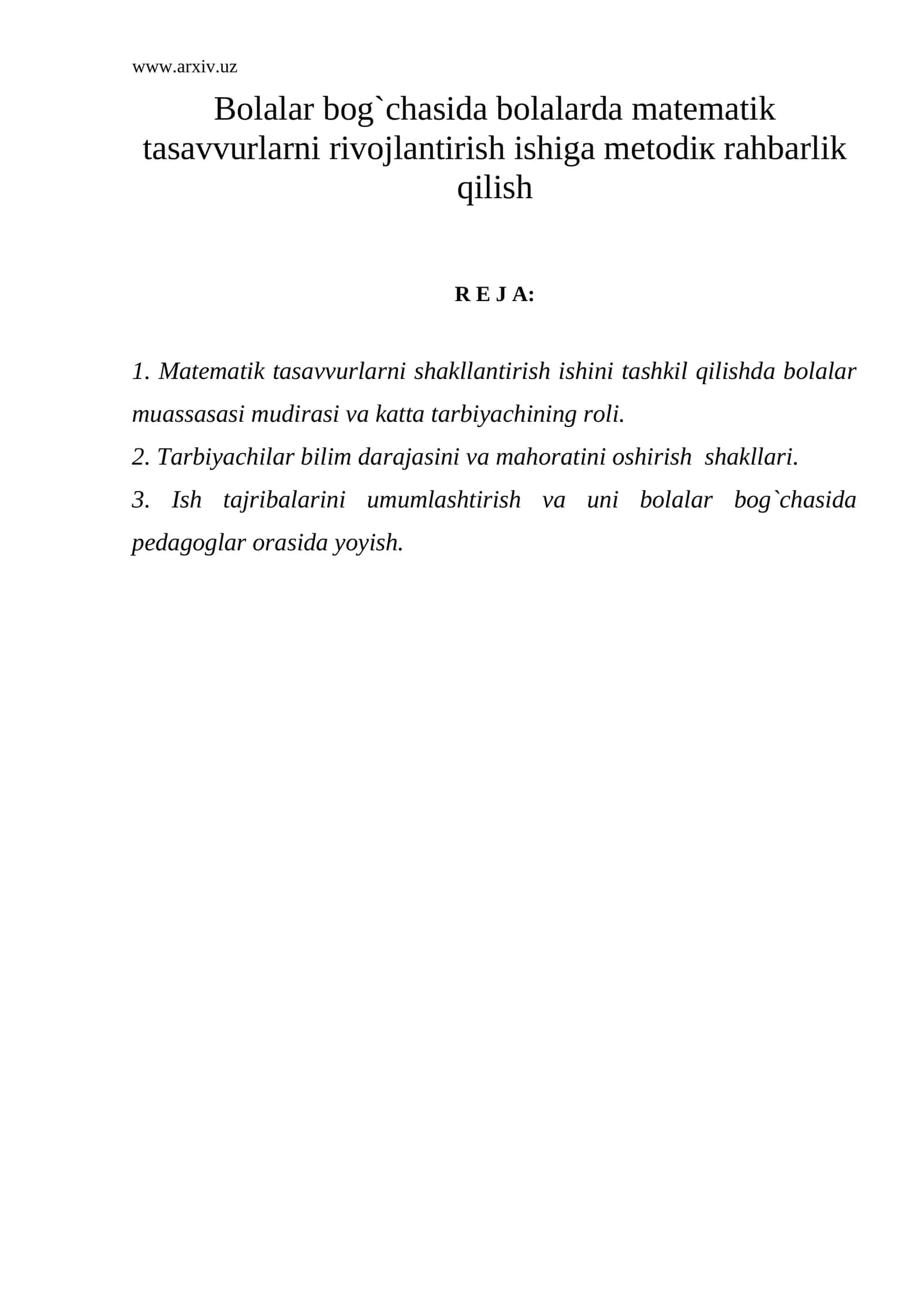 Bolalar bog`chasida bolalarda matematik tasavvurlarni rivojlantirish ishiga metodiк rahbarlik qilish