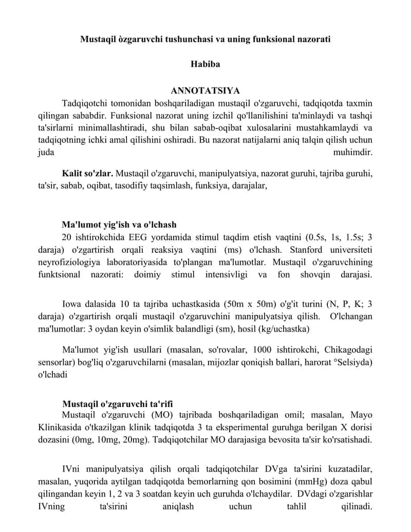 Mustaqil o'zgaruvchi tushunchasi va uning funksional nazorati