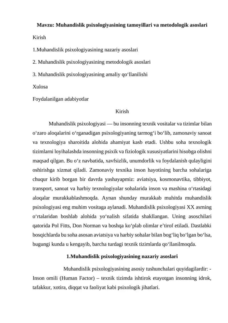 Muhandislik psixologiyasining tamoyillari va metodologik asoslari