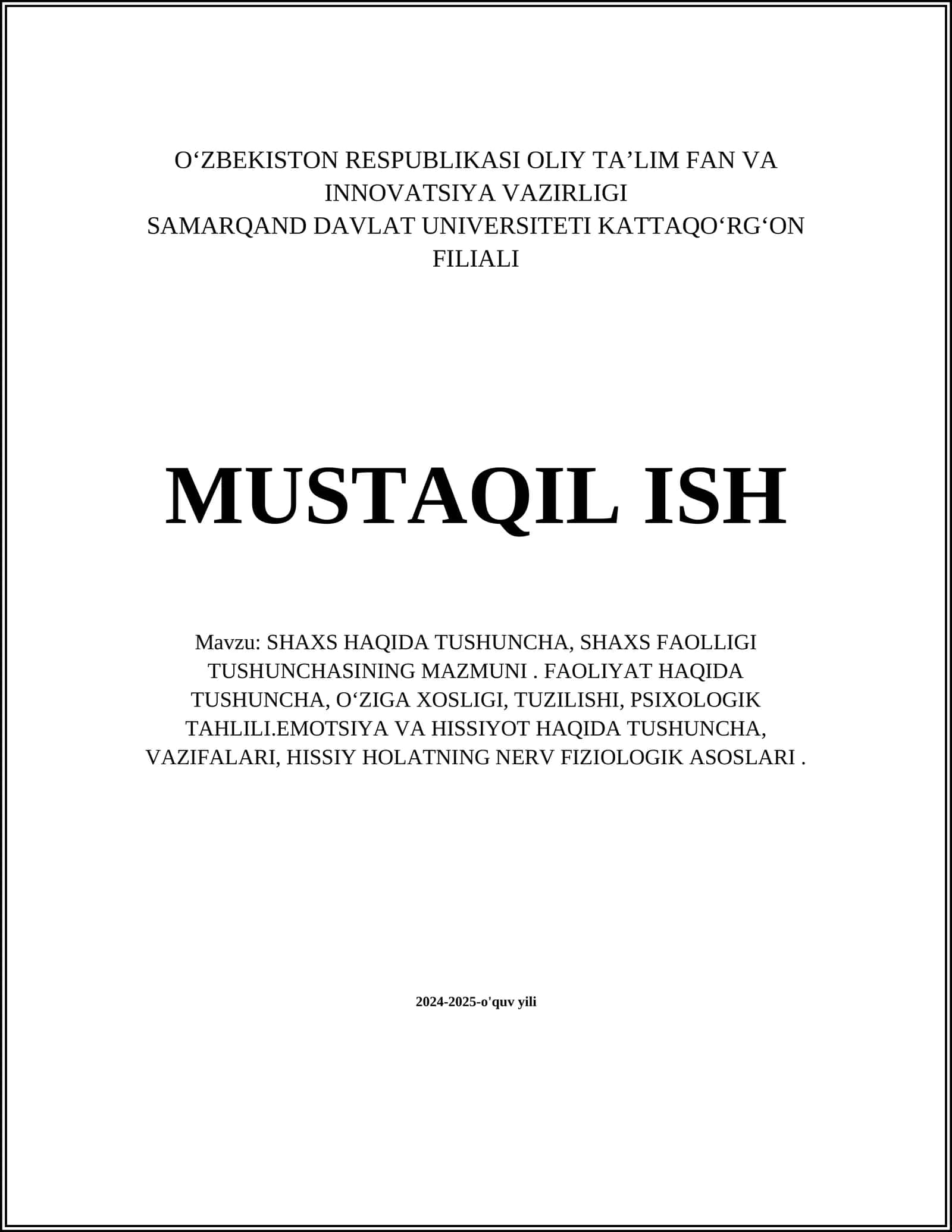 SHAXS HAQIDA TUSHUNCHA, SHAXS FAOLLIGI TUSHUNCHASINING MAZMUNI
