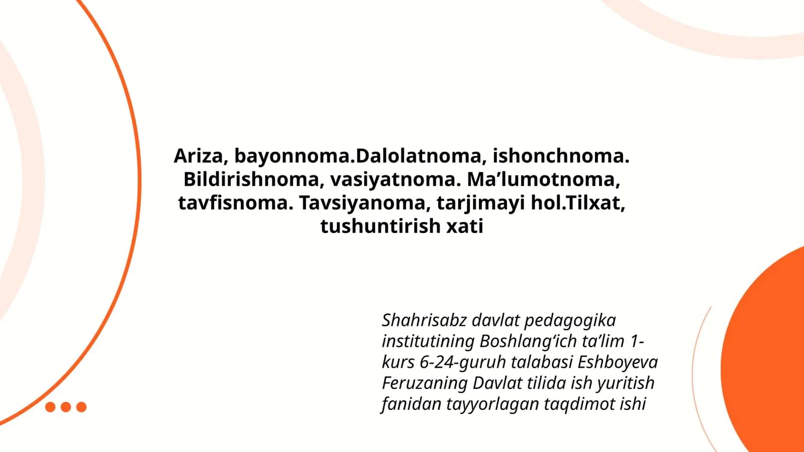 Davlat tilida ish yuritish fanidan tayyorlagan taqdimot ishi