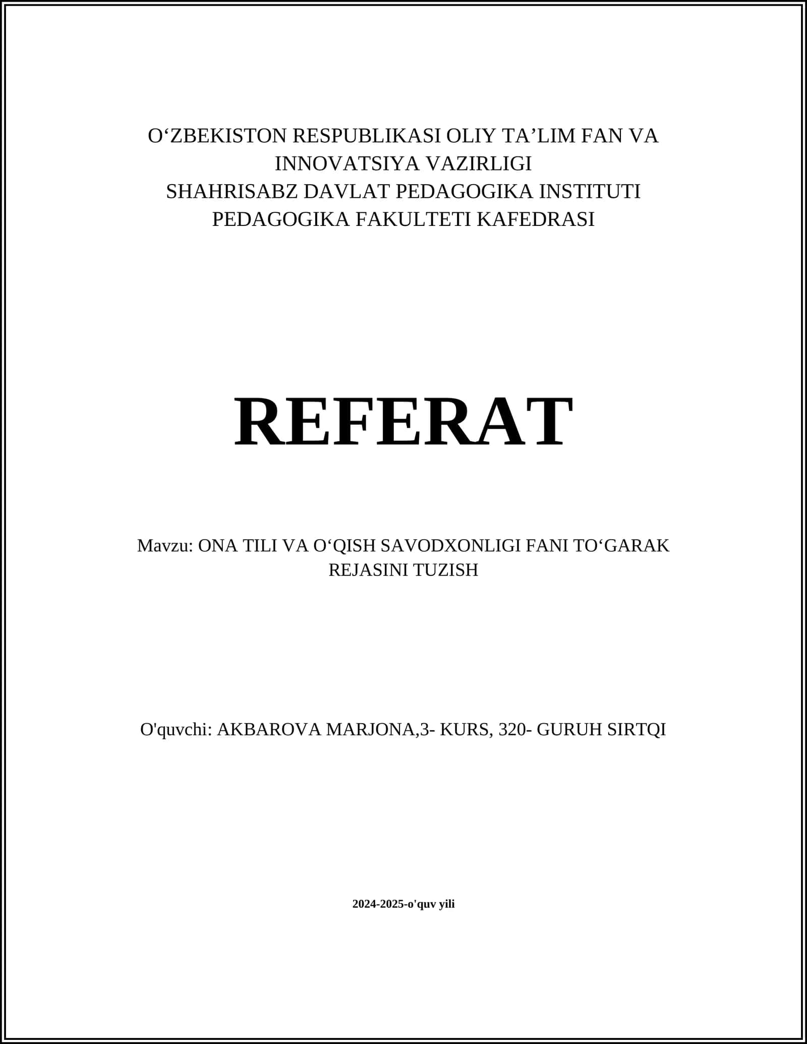 ONA TILI VA OʻQISH SAVODXONLIGI FANI TOʻGARAK REJASINI TUZISH