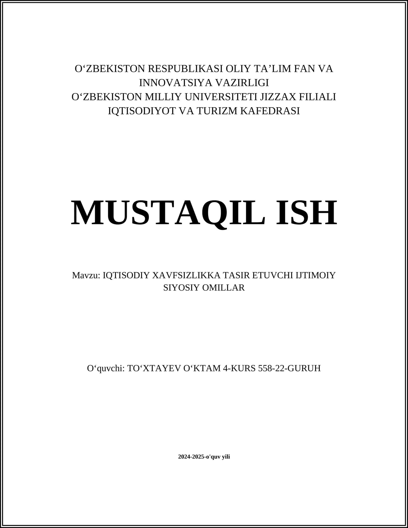IQTISODIY XAVFSIZLIKKA TASIR ETUVCHI IJTIMOIY SIYOSIY OMILLAR