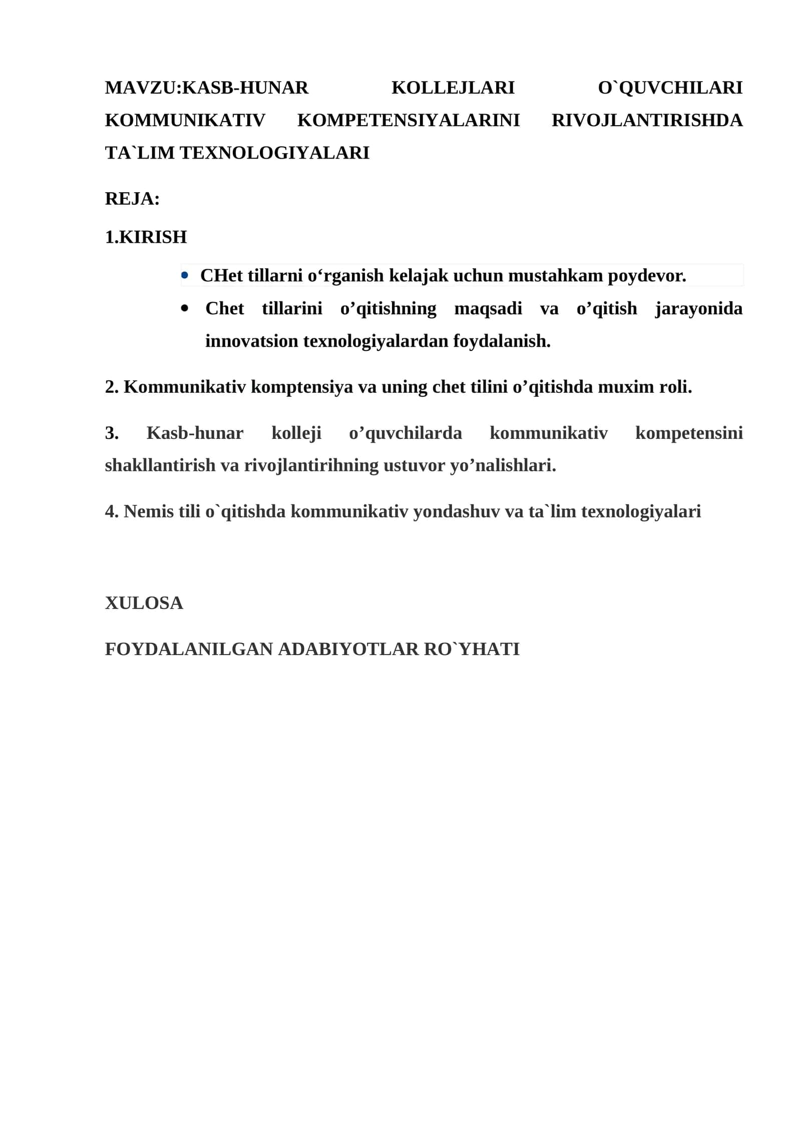 KASB-HUNAR KOLLEJLARI O`QUVCHILARI KOMMUNIKATIV KOMPETENSIYALARINI RIVOJLANTIRISHDA TA`LIM TEXNOLOGIYALARI
