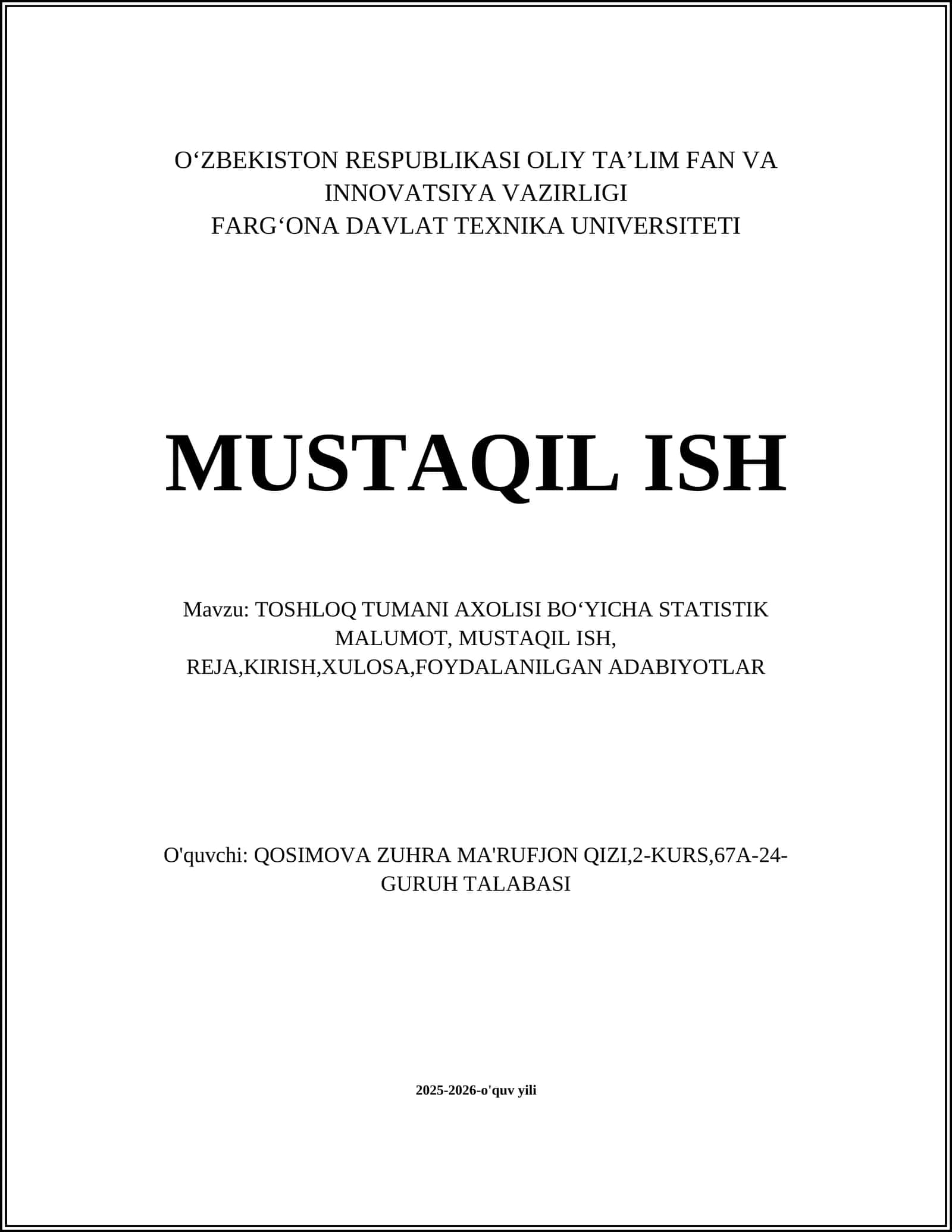 TOSHLOQ TUMANI AXOLISI BO‘YICHA STATISTIK MALUMOT