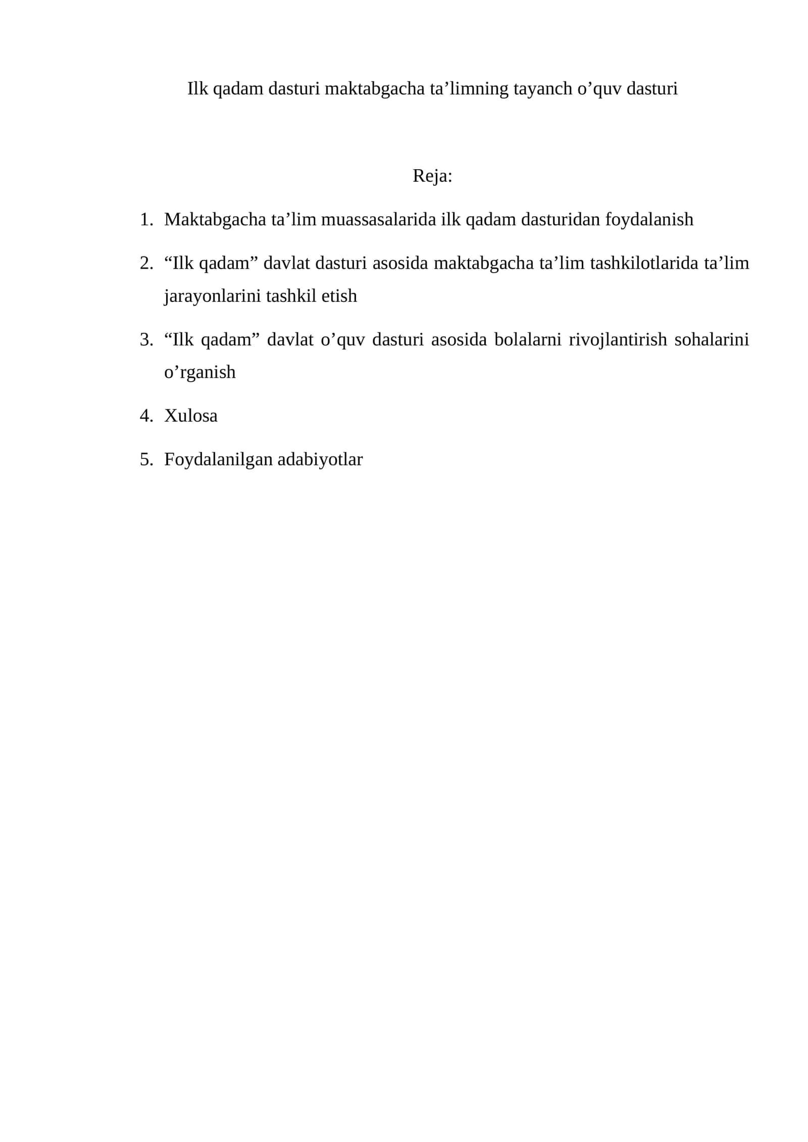 Ilk qadam dasturi maktabgacha ta’limning tayanch o’quv dasturi