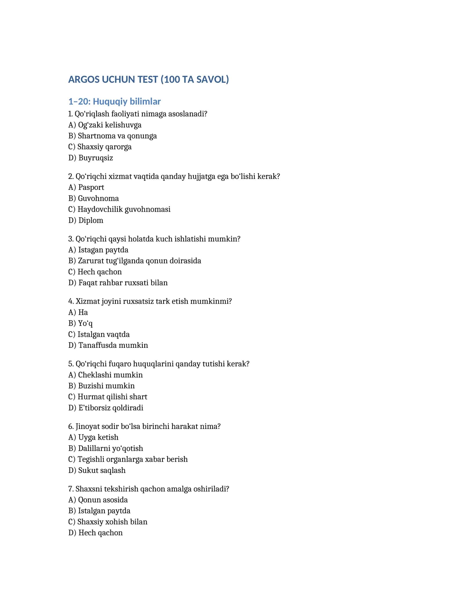Argos uchun 100 talik test