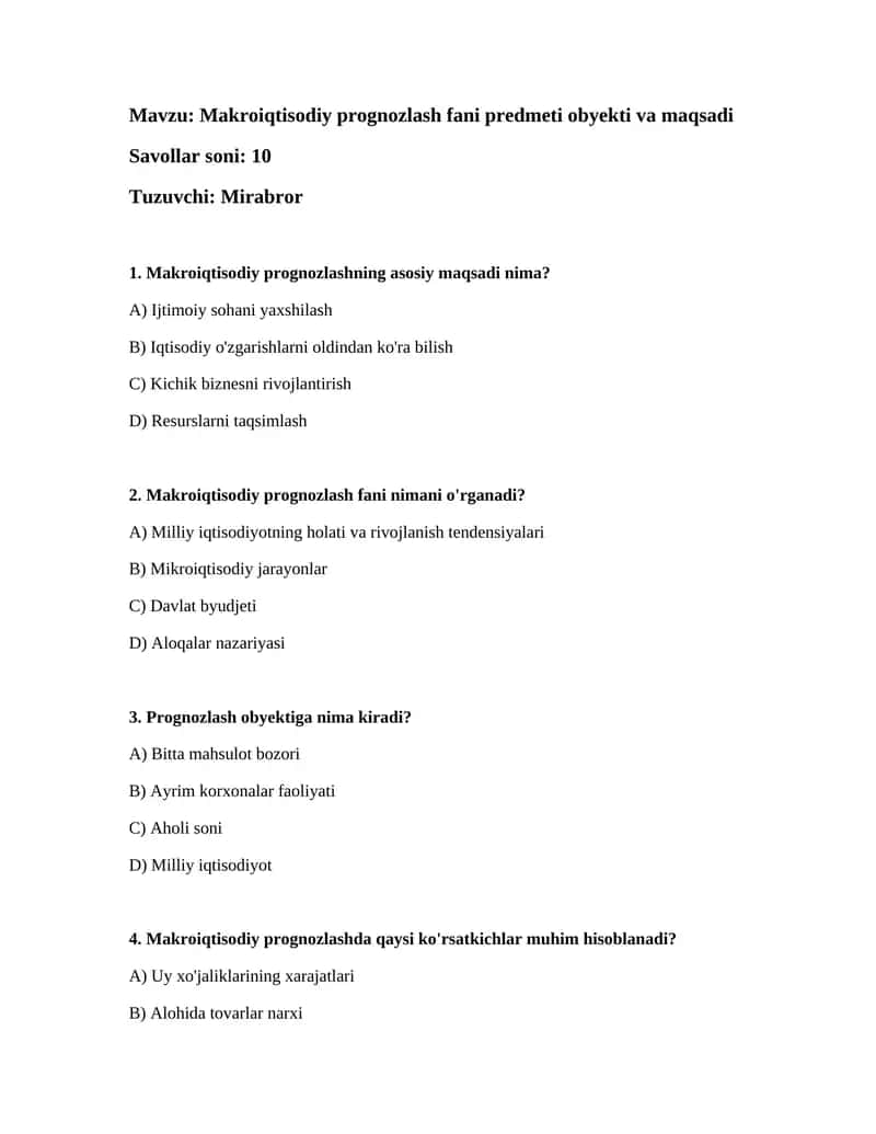 Makroiqtisodiy prognozlash fani predmeti obyekti va maqsadi
