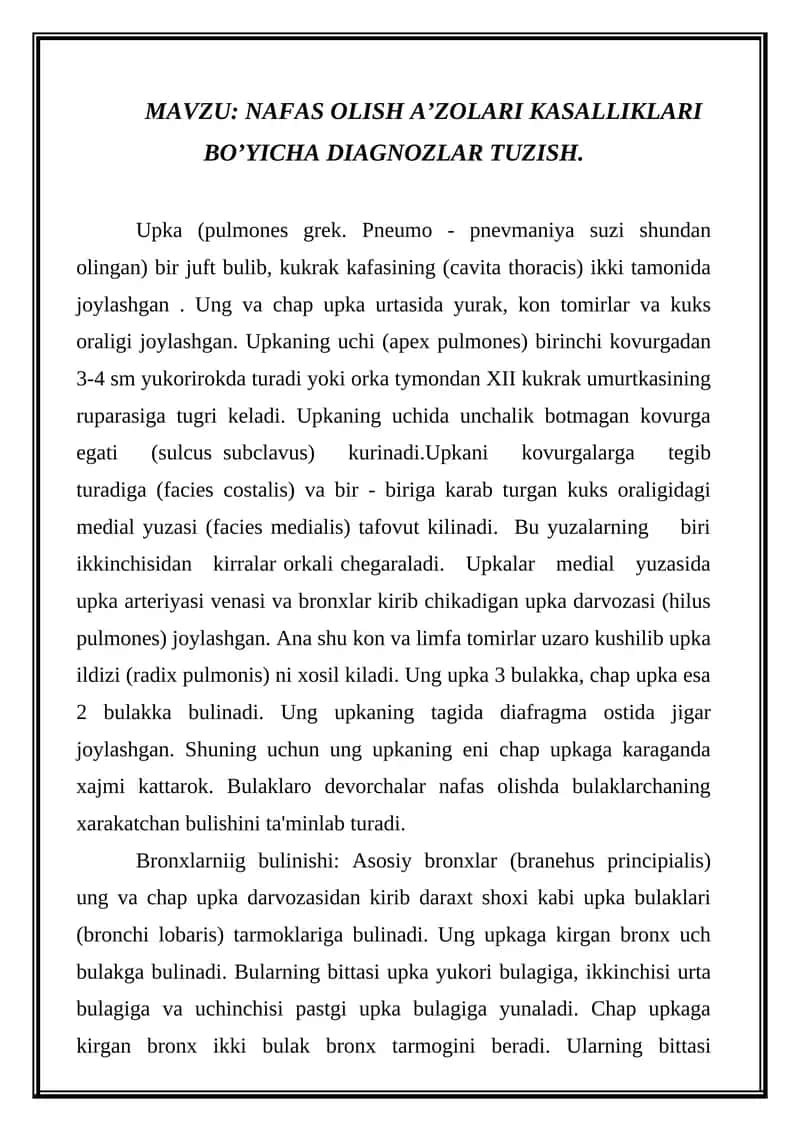 NAFAS OLISH A’ZOLARI KASALLIKLARI BO’YICHA DIAGNOZLAR TUZISH