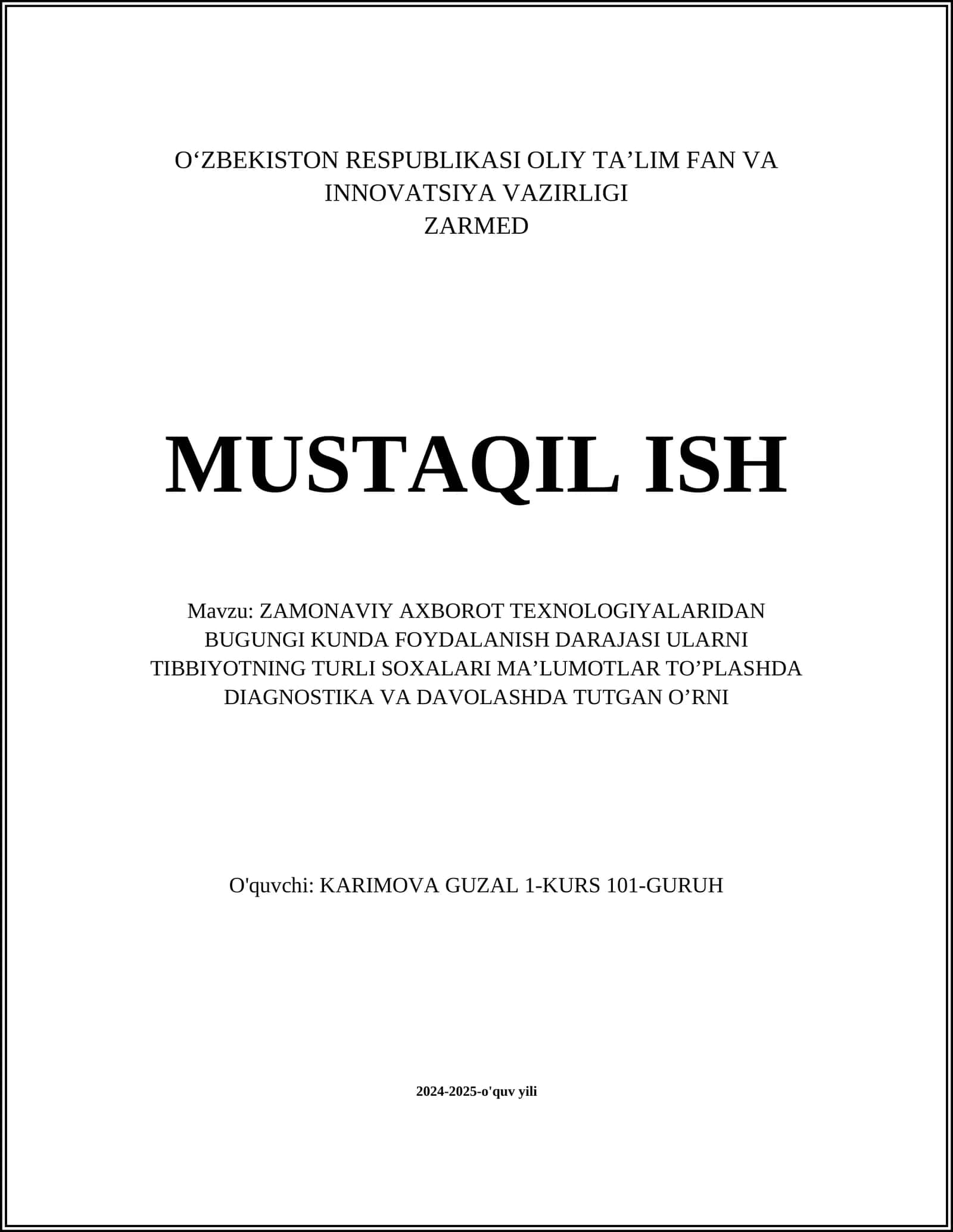ZAMONAVIY AXBOROT TEXNOLOGIYALARIDAN BUGUNGI KUNDA FOYDALANISH DARAJASI ULARNI TIBBIYOTNING TURLI SOXALARI MA’LUMOTLAR TO’PLASHDA DIAGNOSTIKA VA DAVOLASHDA TUTGAN O’RNI