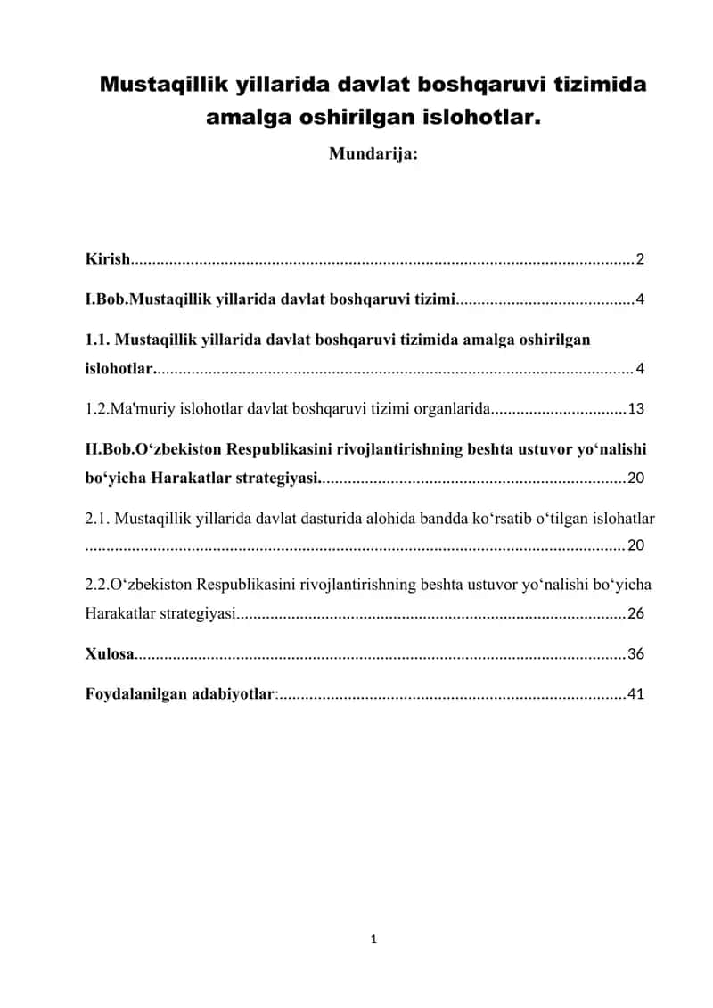 Mustaqillik yillarida davlat boshqaruvi tizimida amalga oshirilgan islohotlar kurs ishi